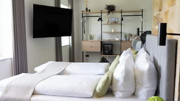 Kessler Suite | Desk, laptop workspace, blackout drapes, iron/ironing board