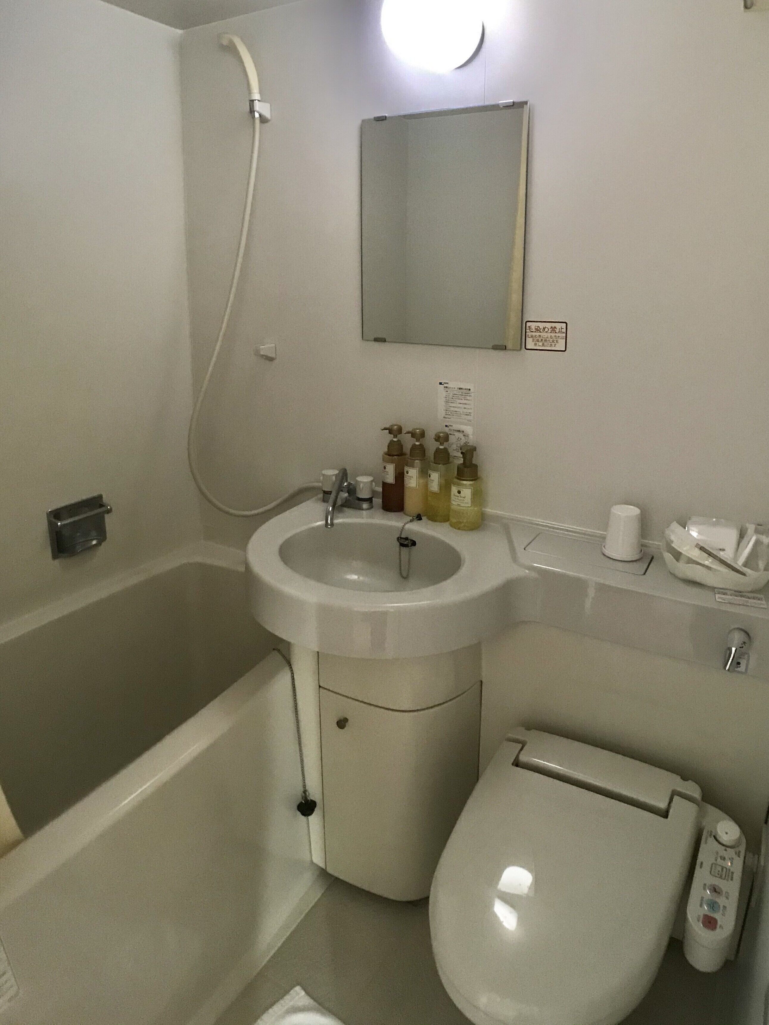 combined shower/bathtub, free toiletries, hair dryer, slippers