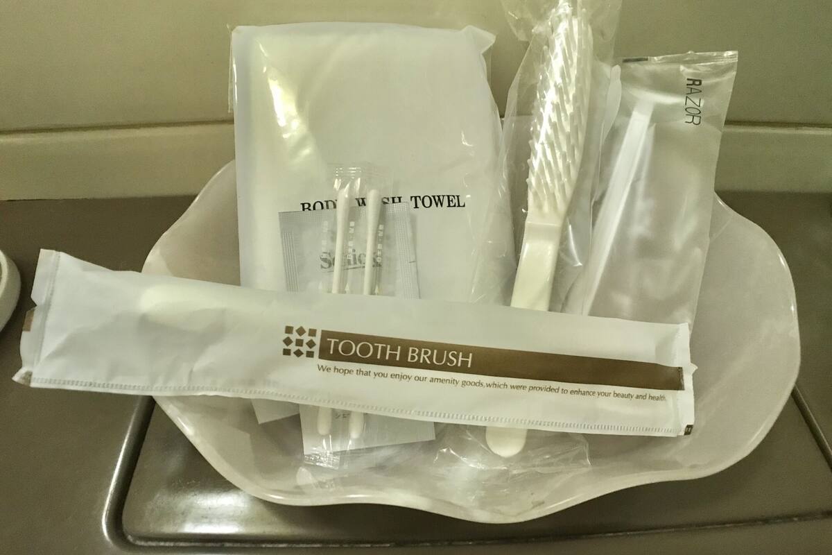 combined shower/bathtub, free toiletries, hair dryer, slippers