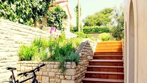 A stone staircase leading up to a building, with a bicycle parked against a wall. - Apartments Salu (Medulin)