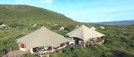 A safari lodge with multiple tents, each with a covered seating area and a view of the surrounding landscape.