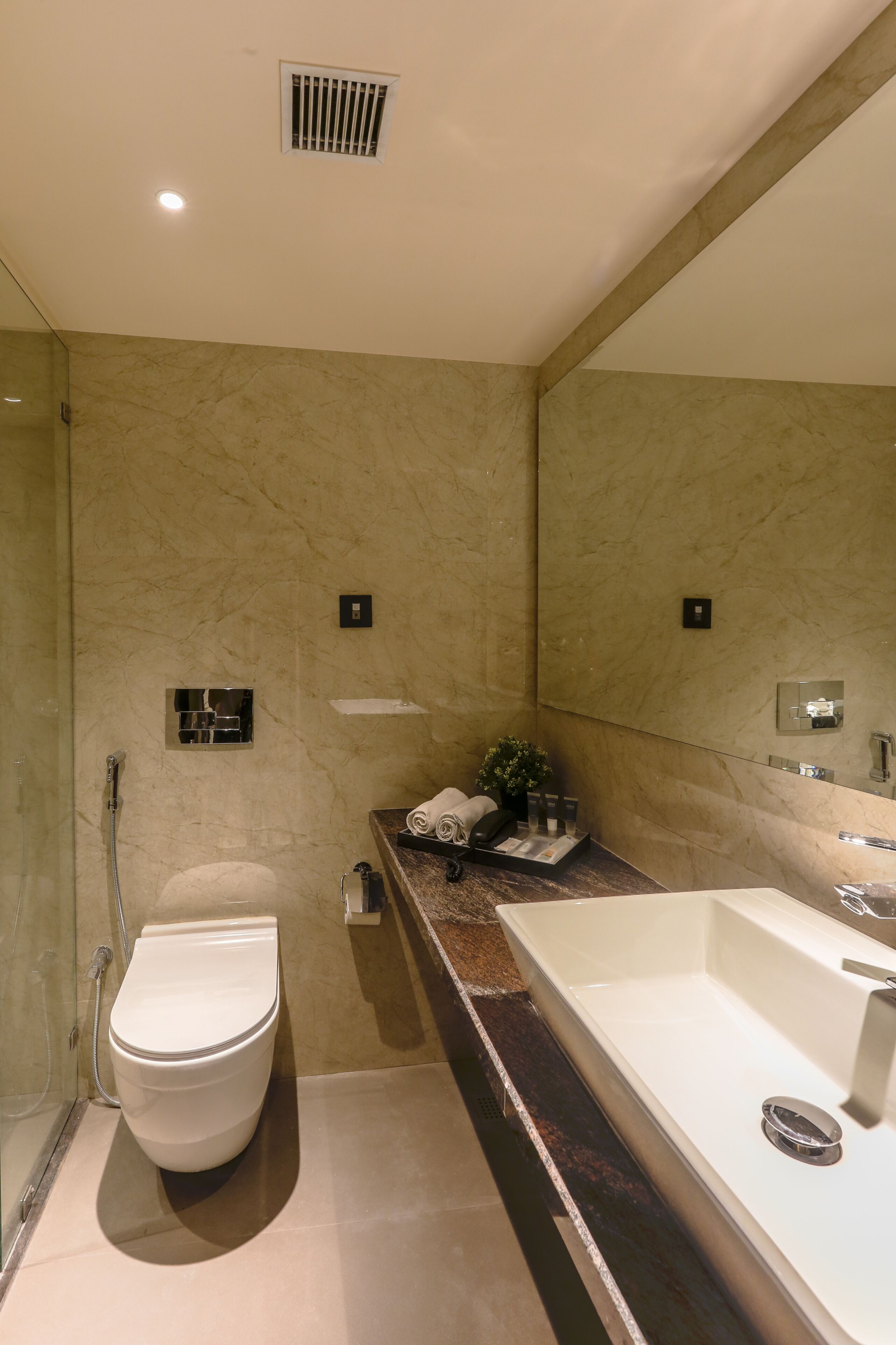 Shower, rainfall showerhead, designer toiletries, hair dryer