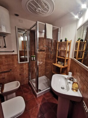 Douche, sèche-cheveux, bidet, serviettes fournies