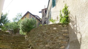 A stone staircase leading up to a building with a rustic appearance, surrounded by greenery and a wire fence.