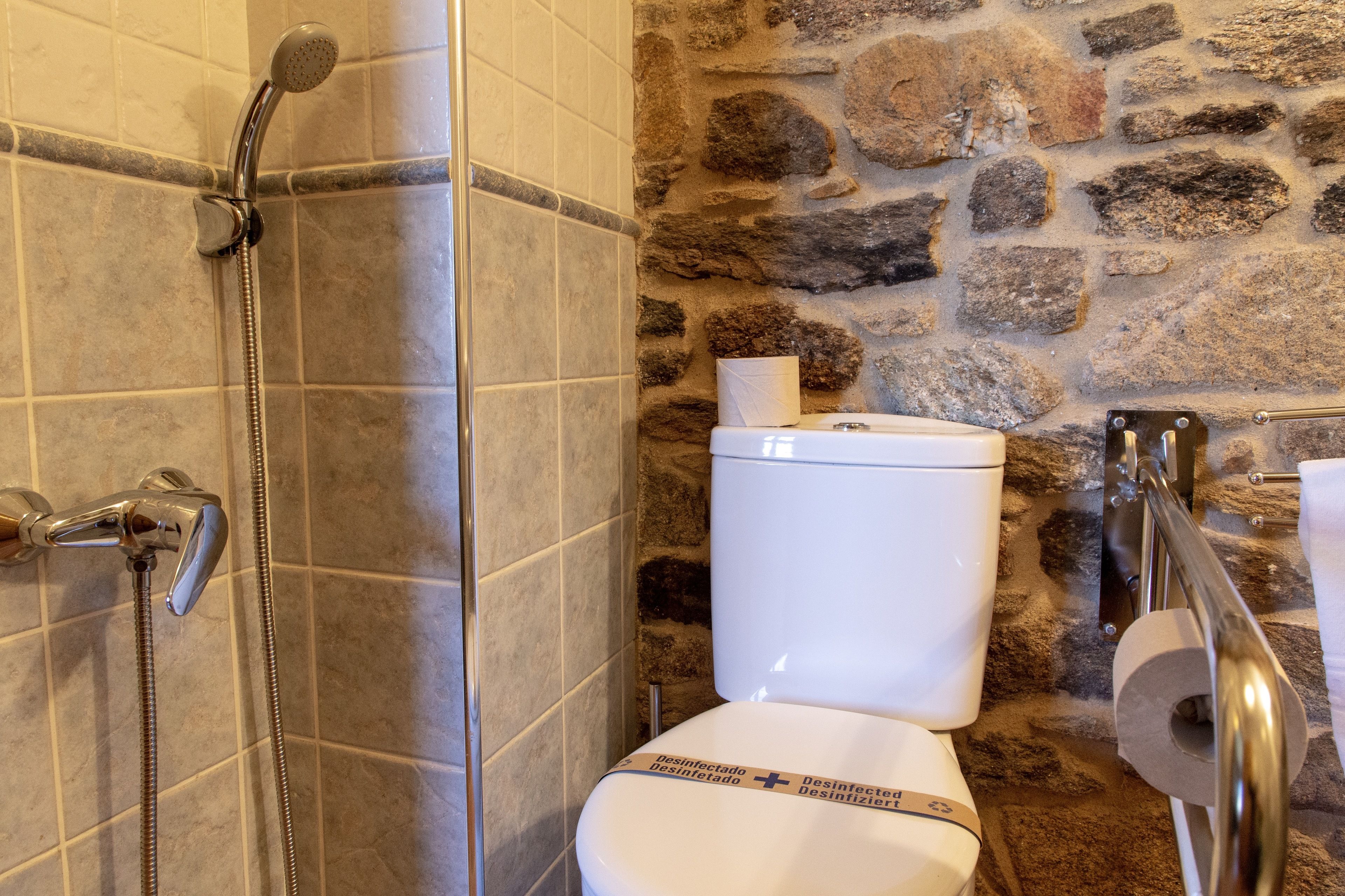 A bathroom with a stone wall, a toilet, and a shower.
