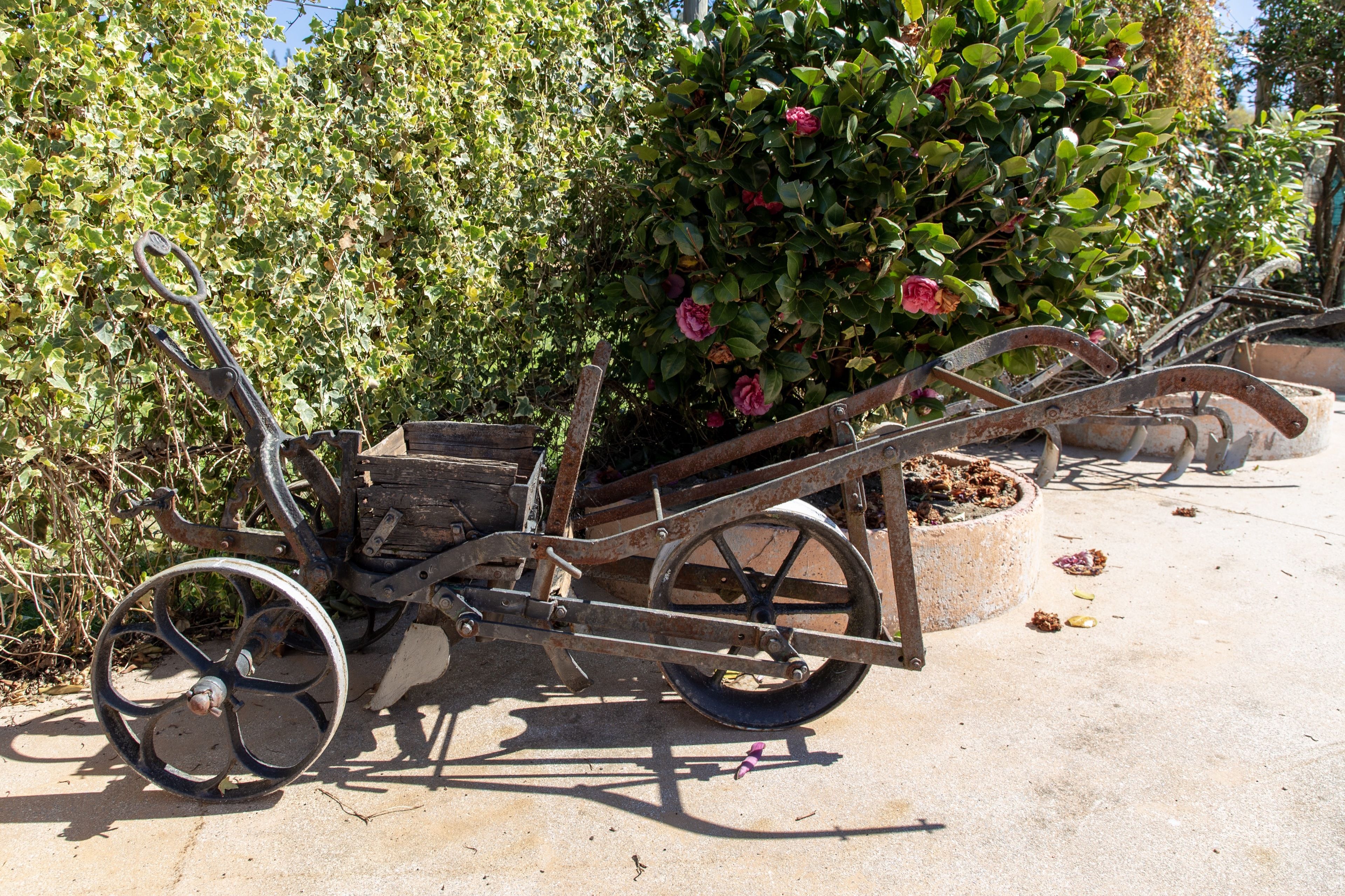 A vintage wheelbarrow with a wooden seat and metal wheels, positioned on a concrete surface with a garden in the background.