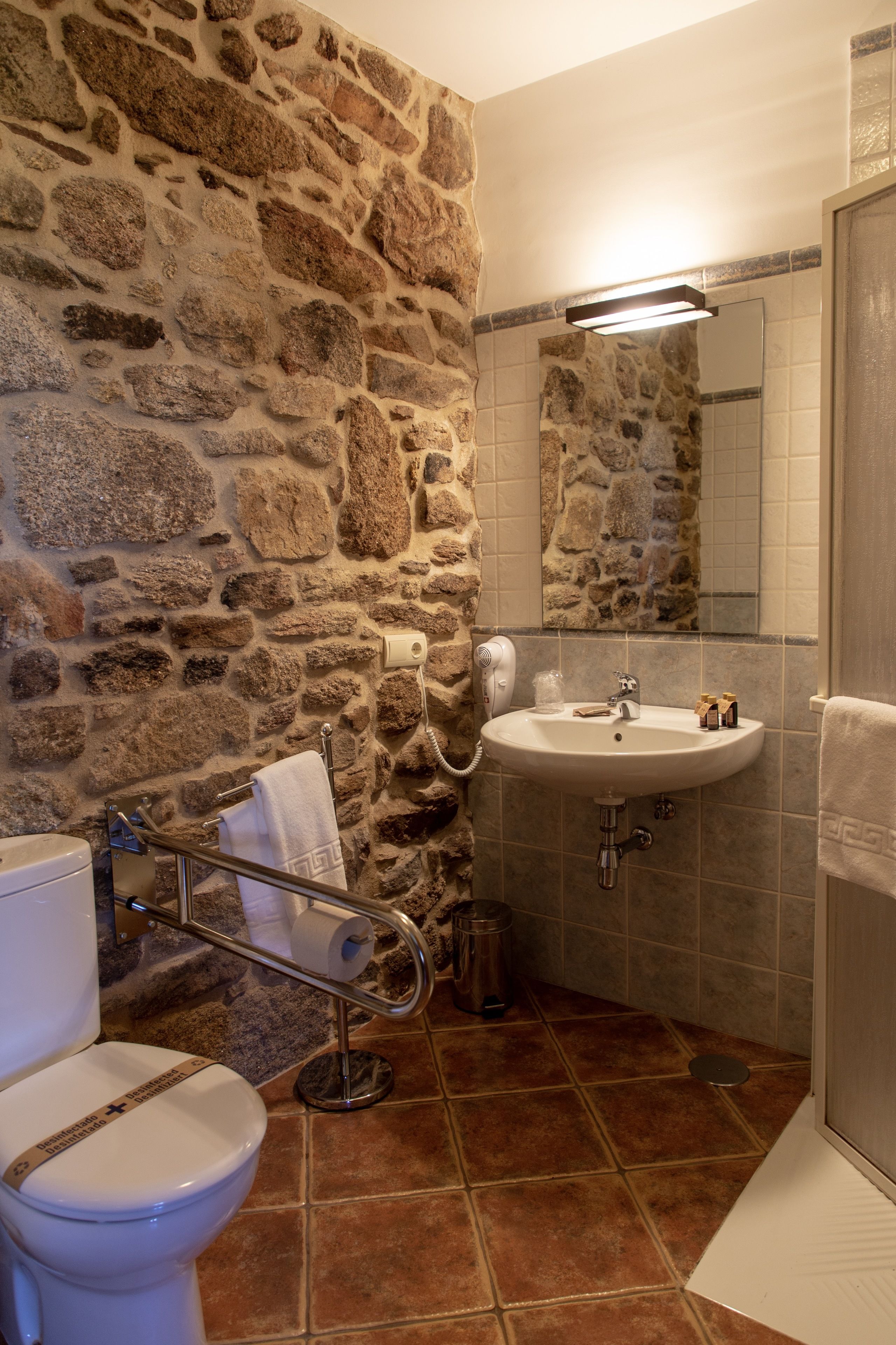 Un baño con pared de piedra, un lavamanos, un espejo, un inodoro y una zona de ducha.