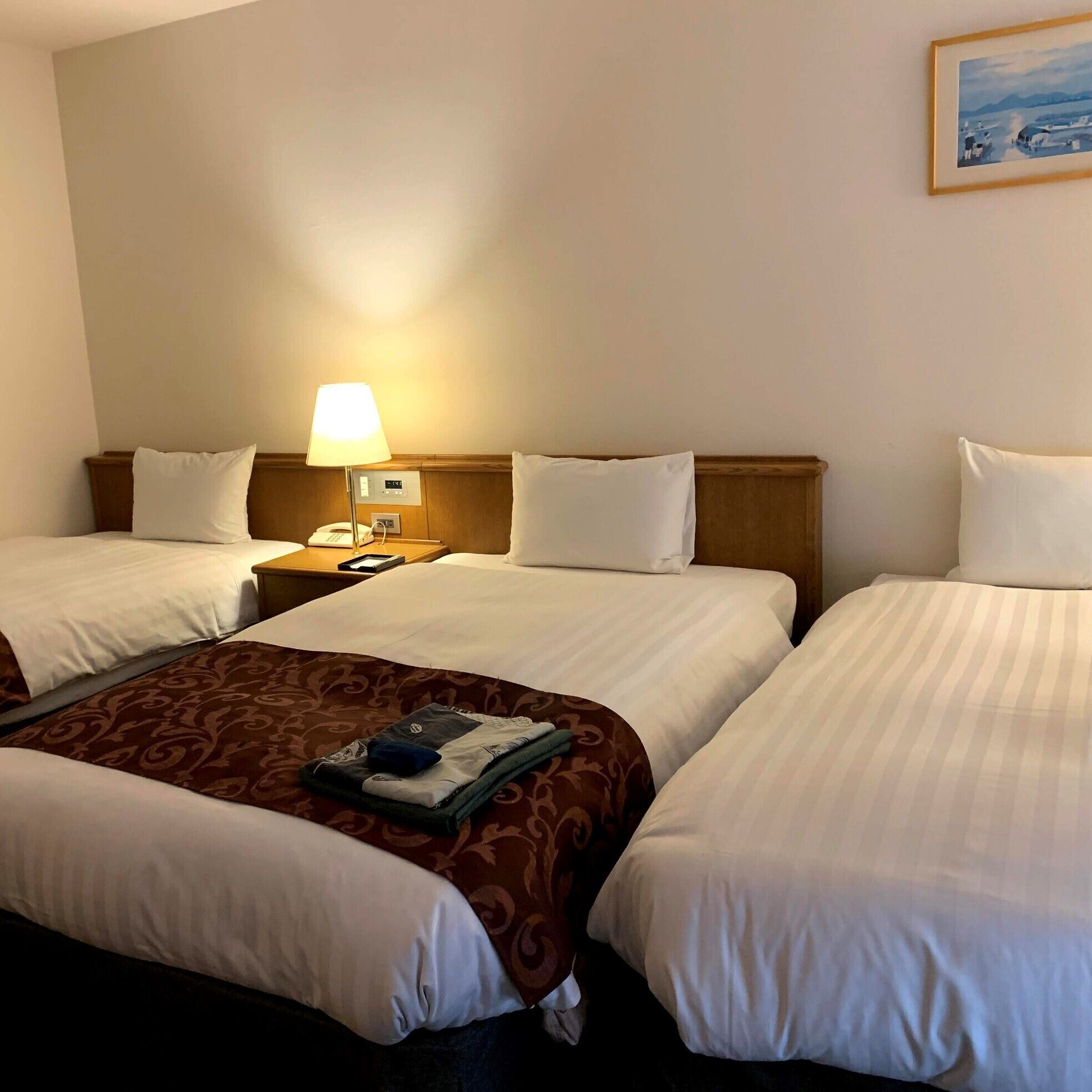 Ein Hotelzimmer mit zwei Betten, einem Nachttisch mit Lampe, einem Telefon und einem Bild an der Wand.
