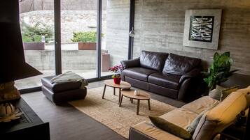 Een televisie, een open haard, tafelvoetbal en een stereo