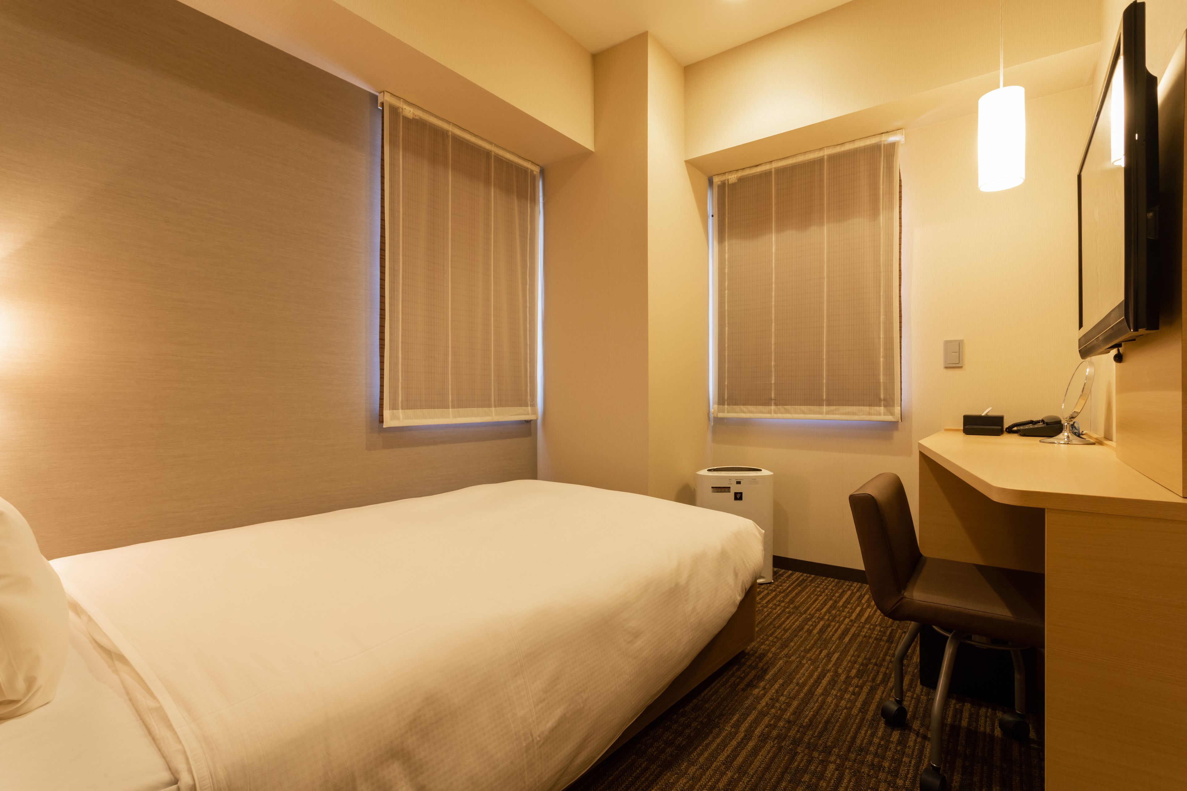 desk, laptop workspace, blackout curtains, iron/ironing board