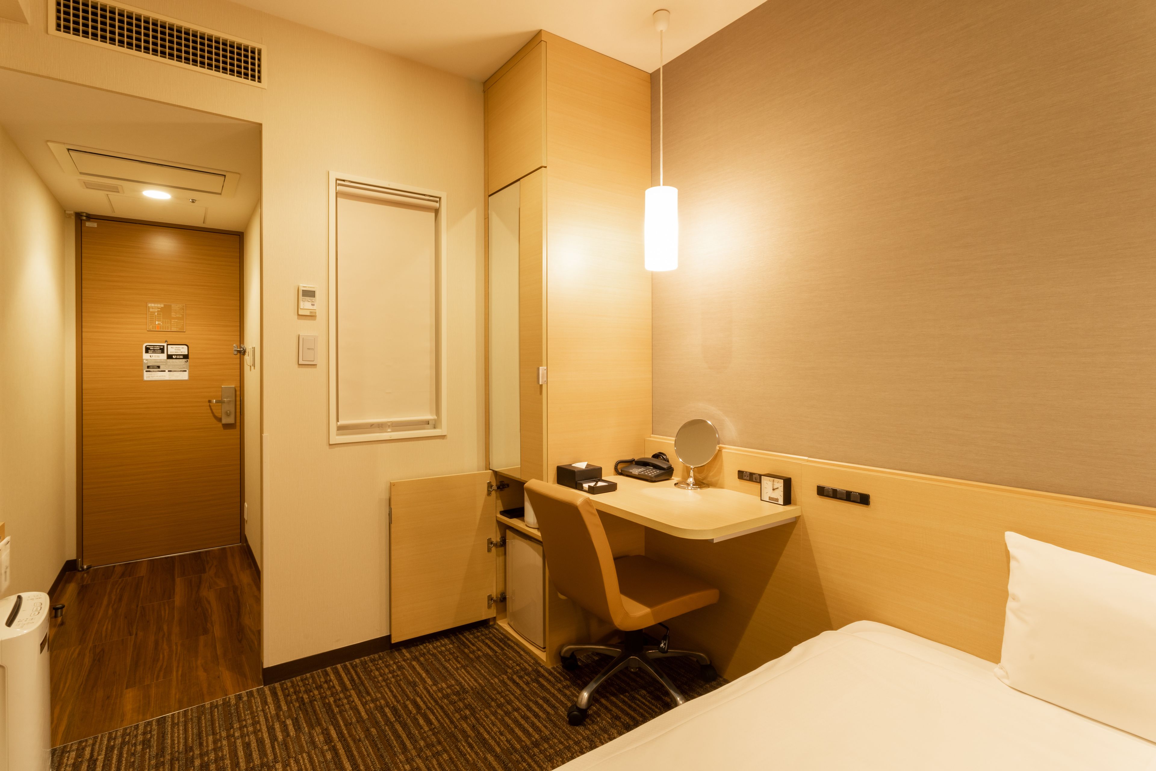 desk, laptop workspace, blackout curtains, iron/ironing board