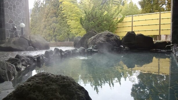 A hot spring area with rocks, a stone wall, and trees in the background.