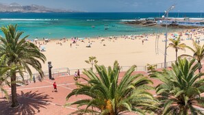 A beach with palm trees, a sandy shore, and a clear blue sea.