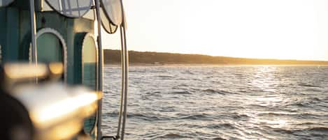 Vista del mar desde un barco con barandilla metálica y ventanas circulares.