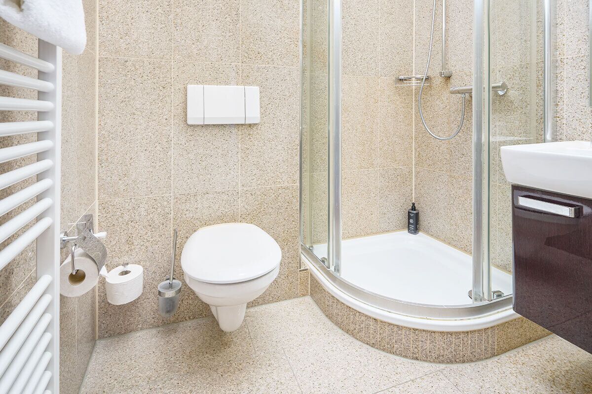 A modern bathroom with a toilet, a glass-enclosed shower, and a white sink.