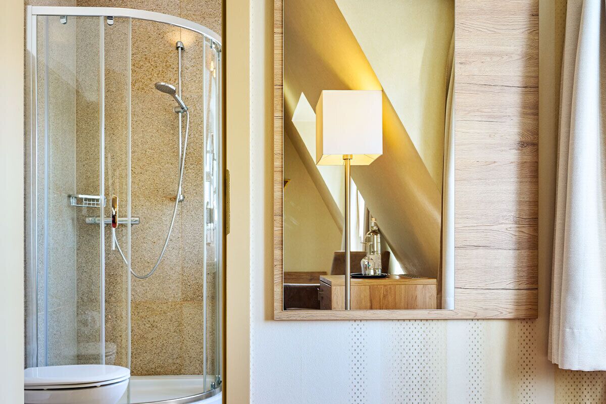 A bathroom with a glass-enclosed shower, a toilet, a mirror, and a lamp.