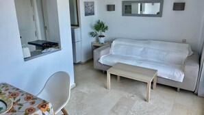 Un espace de vie compact comprenant un canapé, une petite table, une chaise, une plante en pot et un coin cuisine.