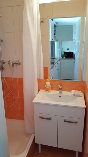 Douche, sèche-cheveux, serviettes fournies, savon