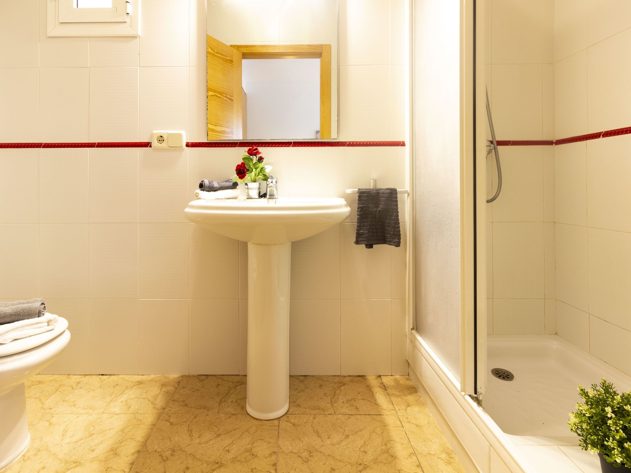 Un baño con un lavamanos pedestal blanco, un espejo encima, un perchero, una zona de ducha y una pequeña planta en maceta.