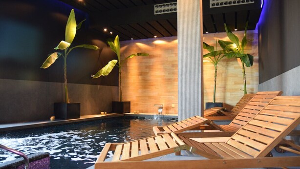Ein Poolbereich mit Holzliegen, einem Wasserspiel und großen Pflanzen.