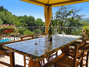 Outdoor dining - Rustic farmhouse , private pool 5 bedrooms, walk to restaurant, mountain views! (Lucca)