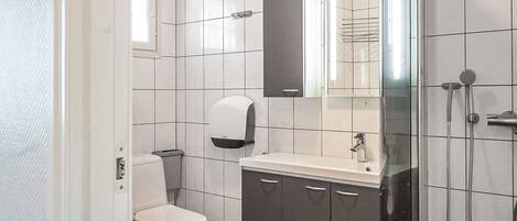 A bathroom with a toilet, a sink, a mirror, and a shower.