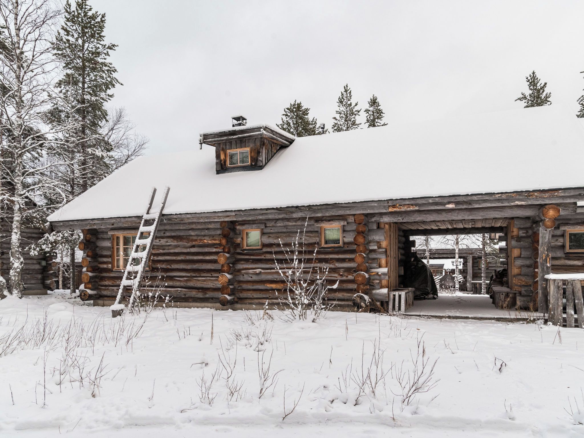 A log cabin with a snow-covered roof, a ladder, and a small porch area.