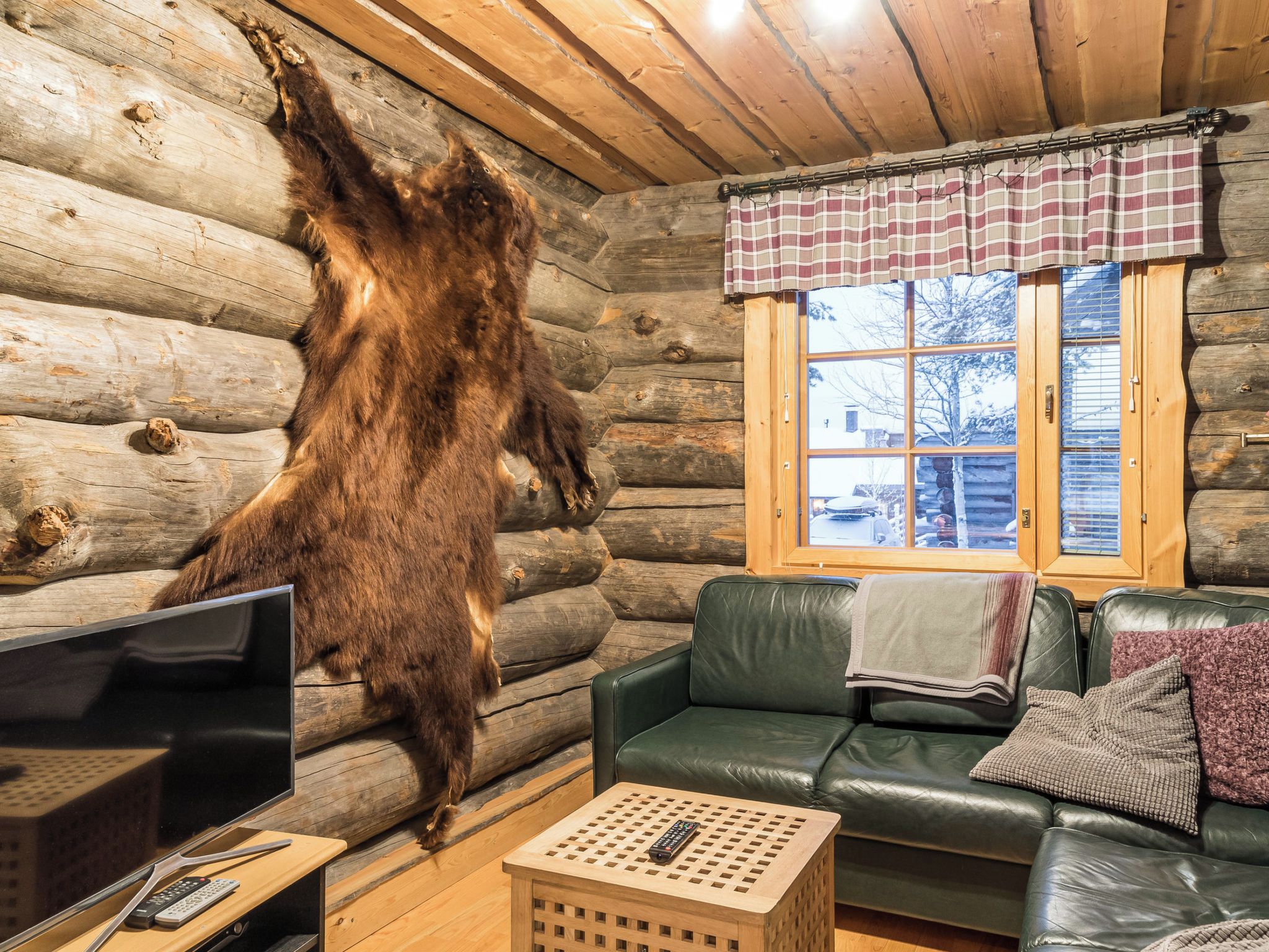 A log cabin interior with a mounted animal hide, a leather couch, a television, and a window with a plaid curtain.