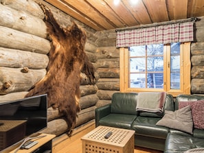 A log cabin interior with a mounted animal hide, a leather couch, a television, and a window with a plaid curtain. - Operonmukka a 8 by Interhome (Kittilä)
