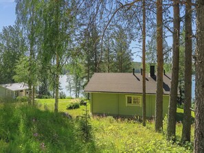 A green house with a sloped roof, surrounded by trees and a body of water.