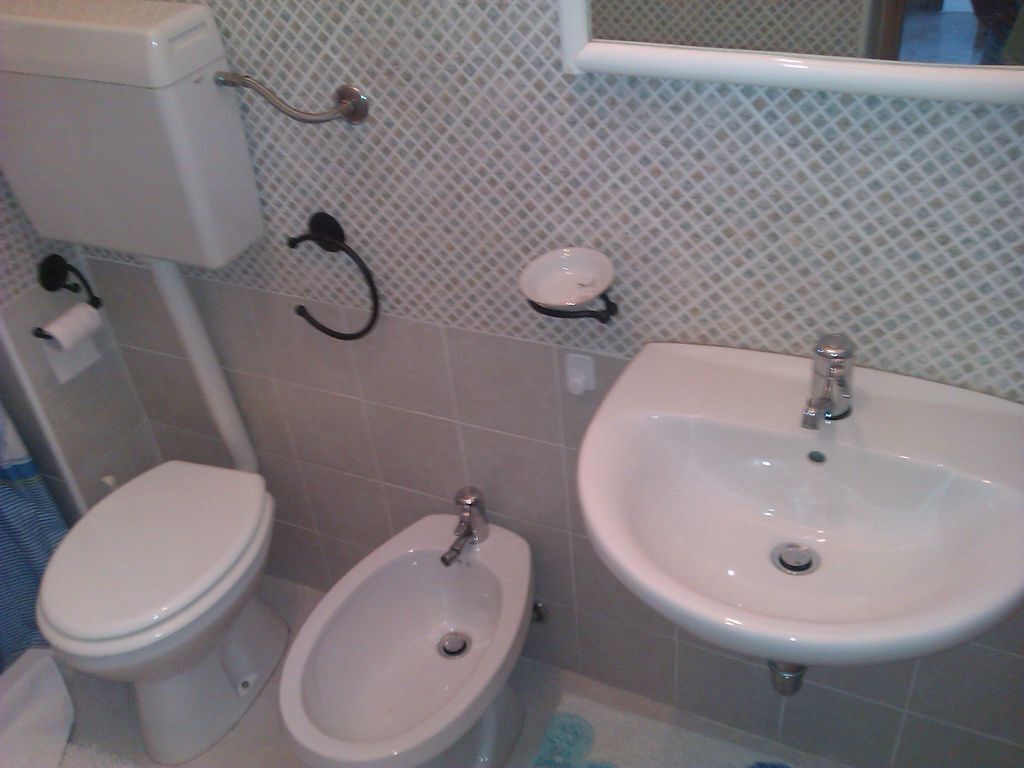 Une salle de bain équipée de toilettes, d’un bidet et d’un lavabo.
