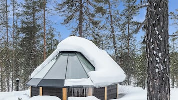 Une cabane en bois recouverte de neige, avec un toit en pente et une fenêtre en verre, entourée d’une forêt.