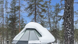 Une cabane en bois recouverte de neige, avec un toit en pente, entourée d’arbres et de neige.