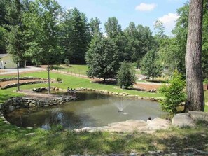 A pond with a fountain, surrounded by trees and a grassy area.