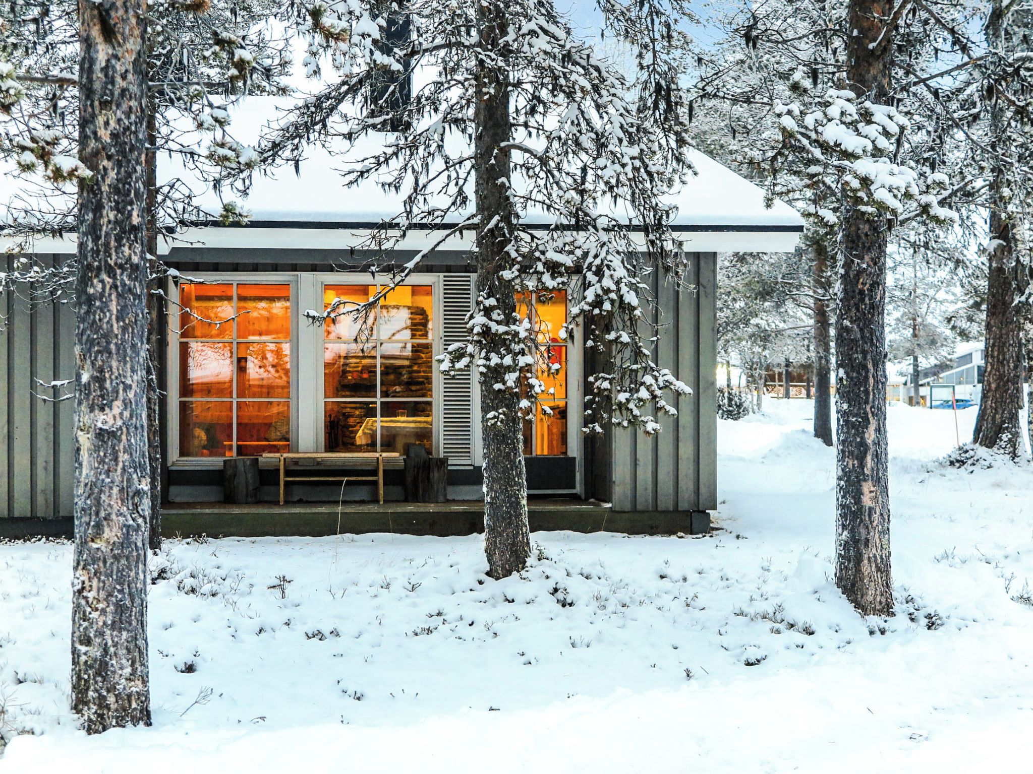 A modern cabin with large windows, a bench outside, and snow-covered trees.