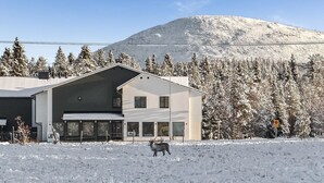 Een modern gebouw met een schuin dak, grote ramen en een besneeerd landschap met een berg op de achtergrond.