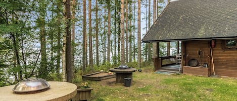 A rustic cabin with a stone barbecue area, surrounded by tall trees and a clear sky.