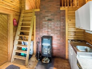 A wooden cabin interior with a kitchen area, a fireplace, and a wooden ladder.