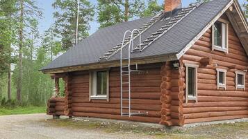Hirsimökki, jossa on jyrkkä katto, tikkaat ja savupiippu.