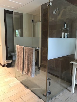 Ein modernes Badezimmer mit Duschkabine aus Glas, sichtbarer Toilette und Handtuchhalter mit Handtüchern.