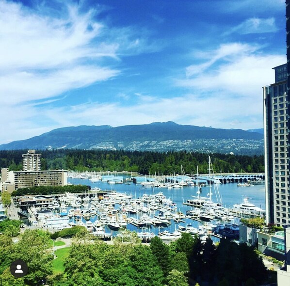 A marina with numerous boats docked, surrounded by buildings and a bridge in the background. - Luxury Coal Harbour 2 bed 2 bath w/ Stunning Views (Vancouver)