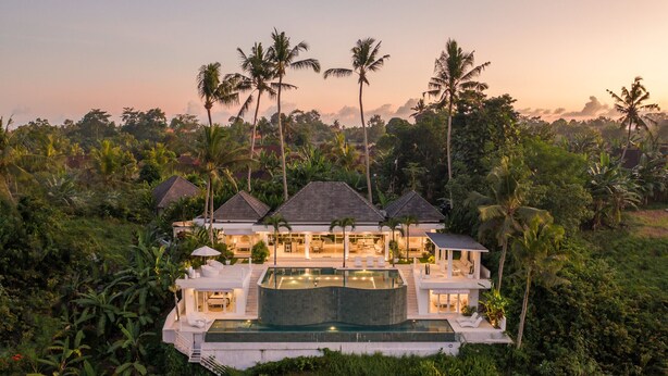 Une grande maison moderne dotée d’une piscine, entourée d’une végétation luxuriante et de palmiers.