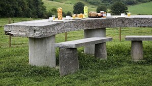 A rustic picnic table set in a grassy field with a scenic view of rolling hills in the background.