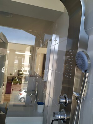 Hair dryer, towels, toilet paper