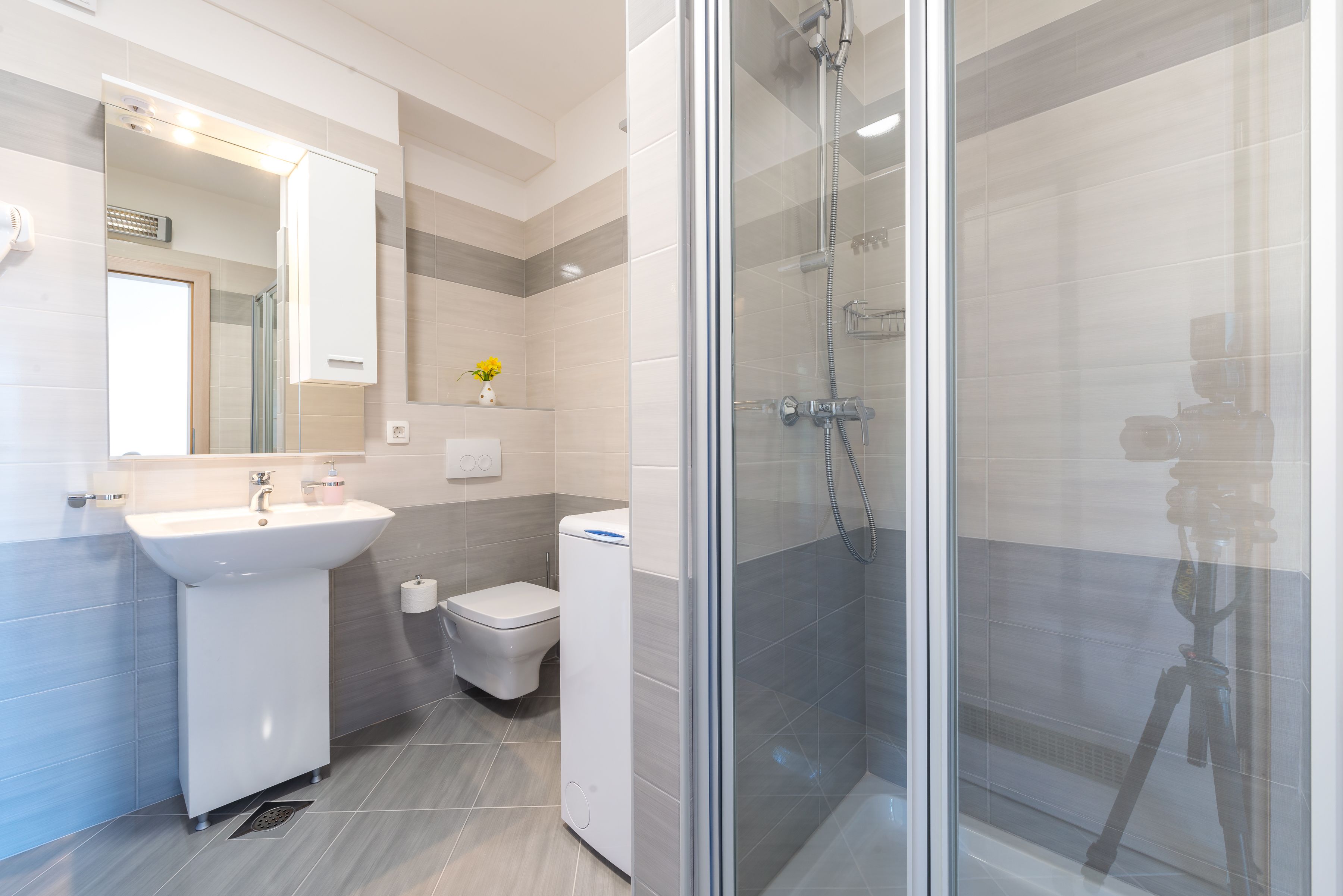 Une salle de bain moderne avec une douche à parois de verre, un lavabo blanc et des toilettes.
