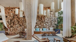 A spacious lounge area with wooden wall decor, multiple seating options including sofas and lounge chairs, and hanging pendant lights. - Mayan Monkey Tulum | Social Hotel (Tulum)