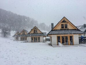 Cabins with front porches stand amidst a serene winter landscape.