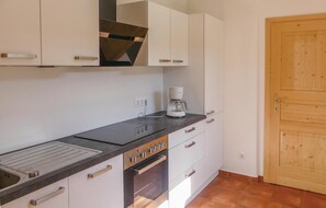 Fridge, stovetop, dishwasher, coffee/tea maker