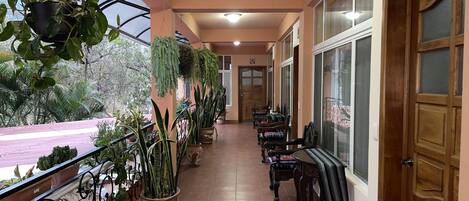 Un pasillo con plantas en macetas, bancos de madera y una puerta.
