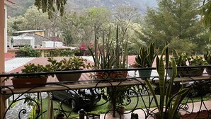 A balcony with potted plants and a view of a mountainous landscape. - Jabel Tinamit Hotel & Villas (Panajachel)